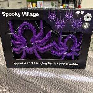 Spooky Village Set of 4 LED Hanging Spider String Lights purple spider lights